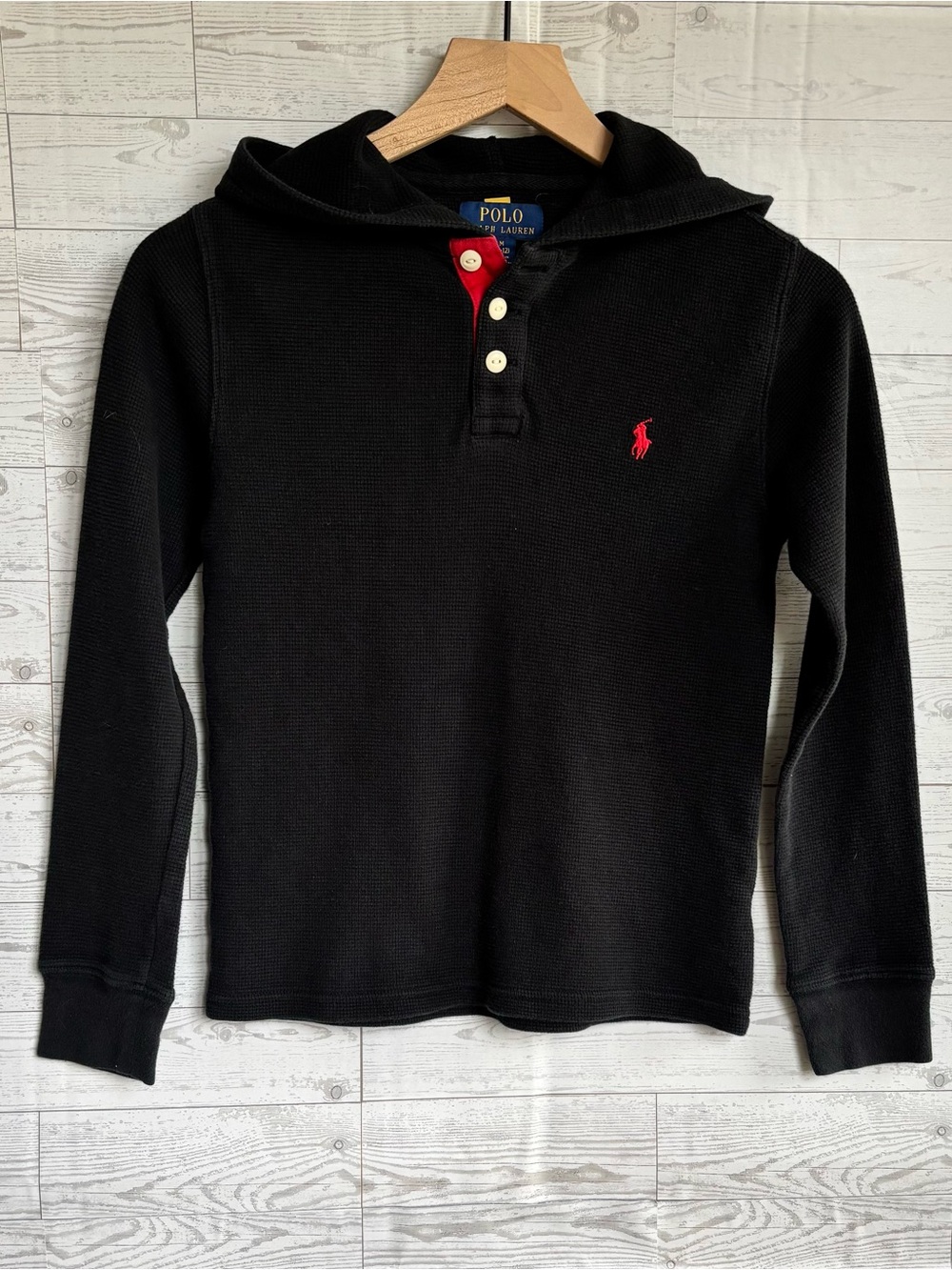 Polo Ralph Lauren Waffle Knit Hooded Henley boys 10 / 12 black